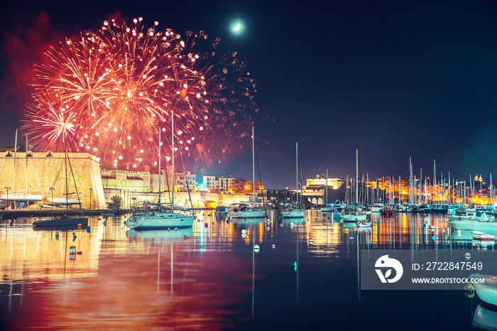 Malta Valletta night Festival of fireworks. Travel concept