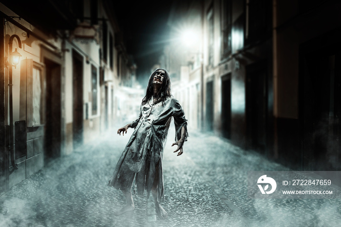 Horror zombie on the street. Halloween.