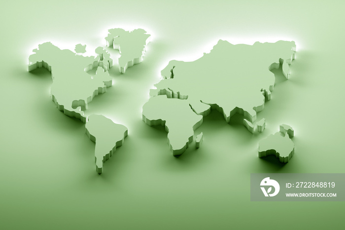 Illustration with bold world map in green color. 3d illustration.