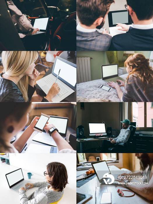 Collage of different people indoors using computer and technology remote working
