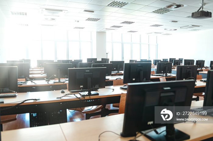 Empty open plan office with multiple workstations