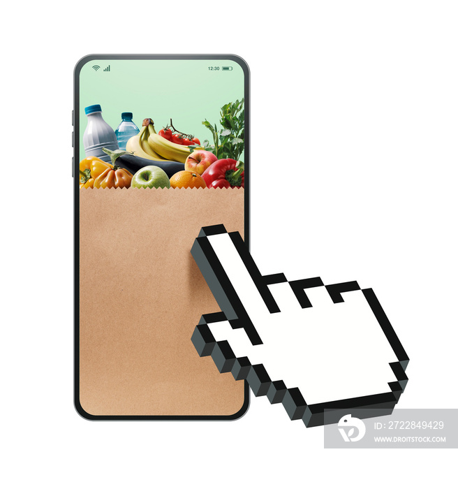 Hand cursor clicking on a smartphone with grocery bag