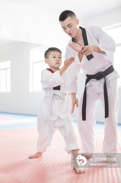 年轻教练教小男孩跆拳道