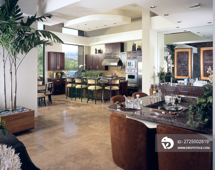 Domestic kitchen and bar area in open plan house