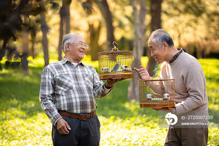 快乐的老年人在公园遛鸟