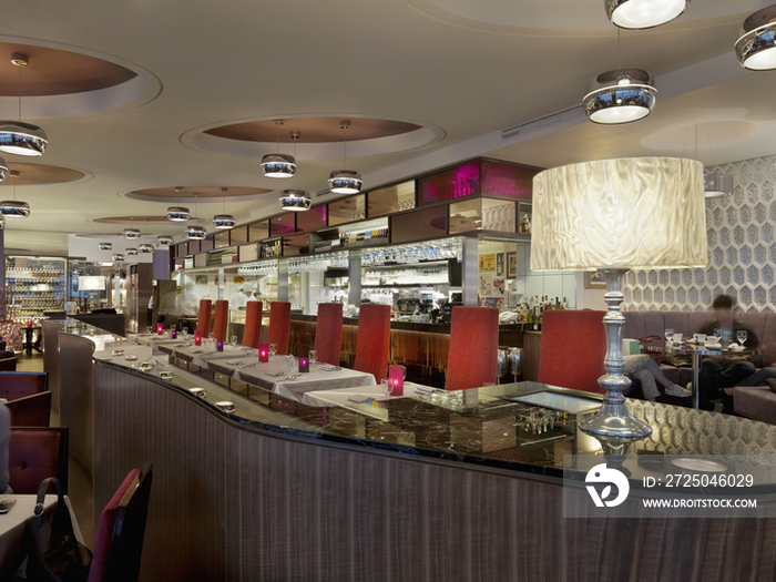 Interior of dining area in luxury hotel