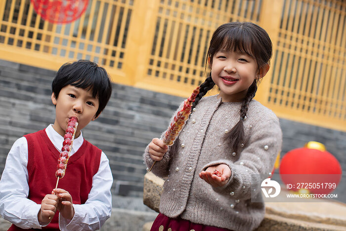 快乐的兄妹俩在院子里吃糖葫芦