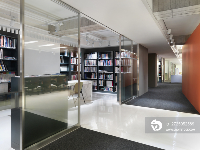 View of bookcases through hallway