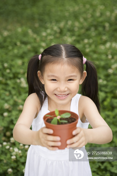 小女孩和盆栽植物