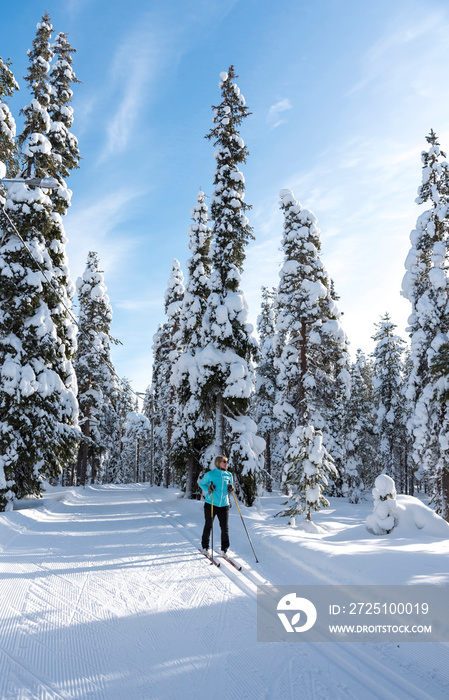 Woman cross country skiing in Lapland Finland