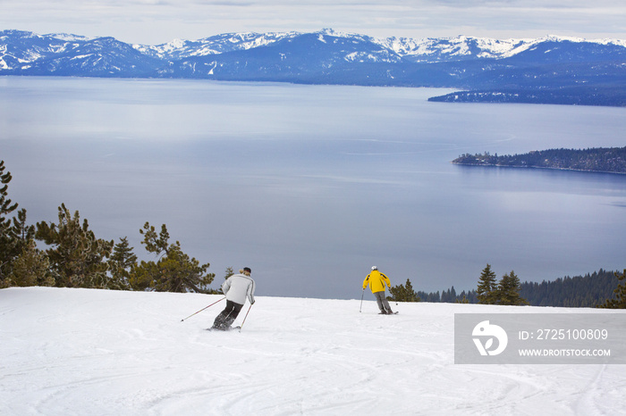 Rear view of friends skiing on snow covered field by lake