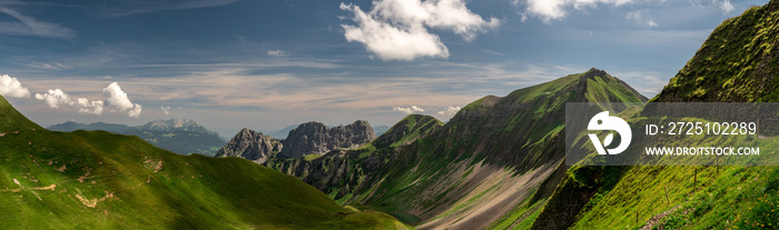 panorama scenic mountain view during summer sunny day in the swiss alps, ridge walk brienzer rothorn