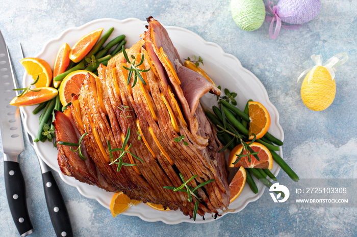 Traditional Easter ham with orange honey glaze