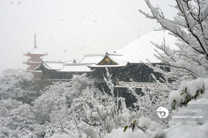 雪の清水寺　三重塔と本堂遠望　京都市東山区