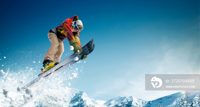 Skiing. Jumping skier. Extreme winter sports.