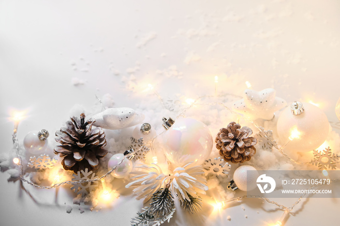 Christmas balls and snowflake on abstract background