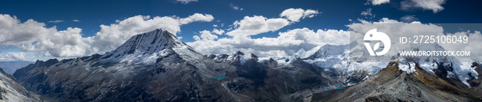 panorama view of the central Cordillera Blanca in the Andes in Peru with a view of Ranrapalca, Ishin