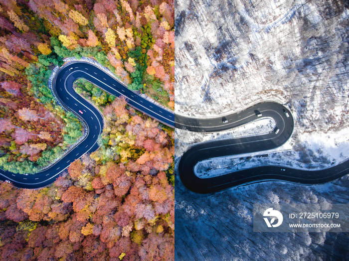 Winding road autumn vs. winter. Aerial view