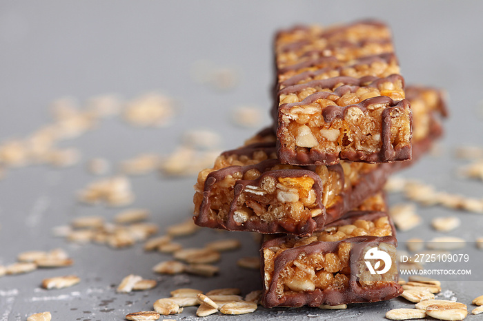 Granola Bars with Chocolate on background