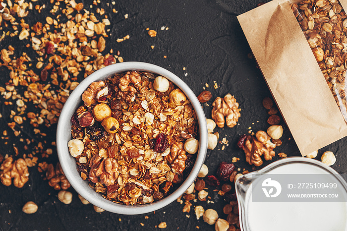 top view of a plate and packet of granola