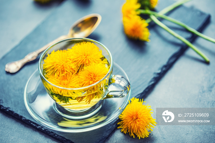 Cup of dandelion tea on slate board