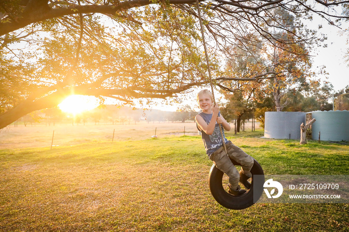 阳光明媚时，快乐的金发小男孩在中国榆树下玩轮胎秋千