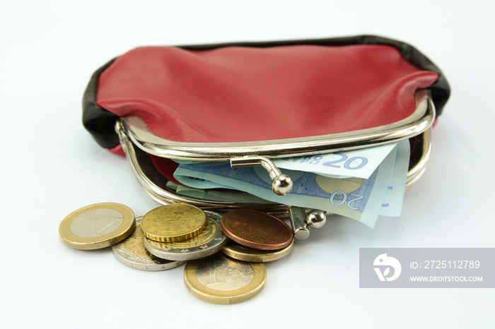 wallet with euro banknotes and coins