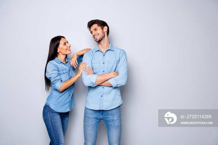 Photo of amazing pair in love working together spend coffee break chatting wear casual jeans clothes