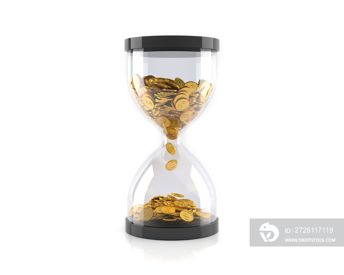 Hourglass with golden coins, Time is money concept. 3D illustration