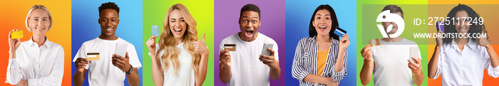 Excited diverse people using cellphones showing credit cards