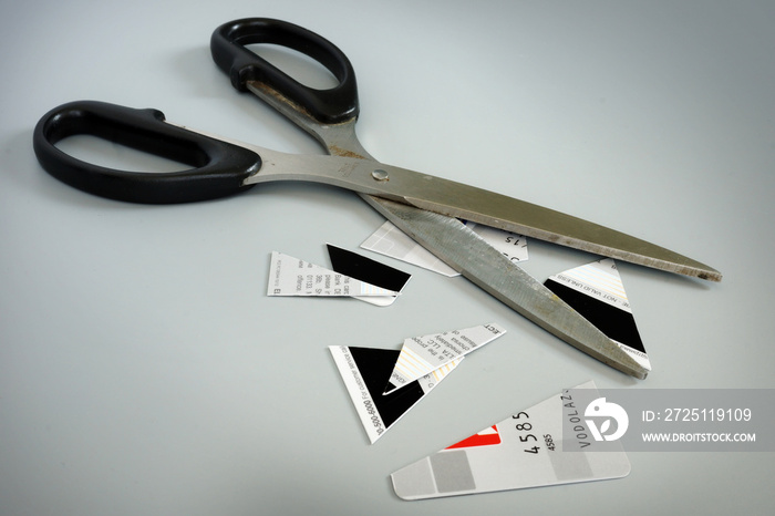 Scissors and pieces of credit card.Get out of debt.