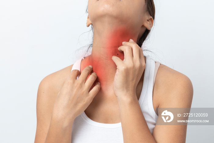 asian young Woman itchy skin scratching her neck Isolated on white background.