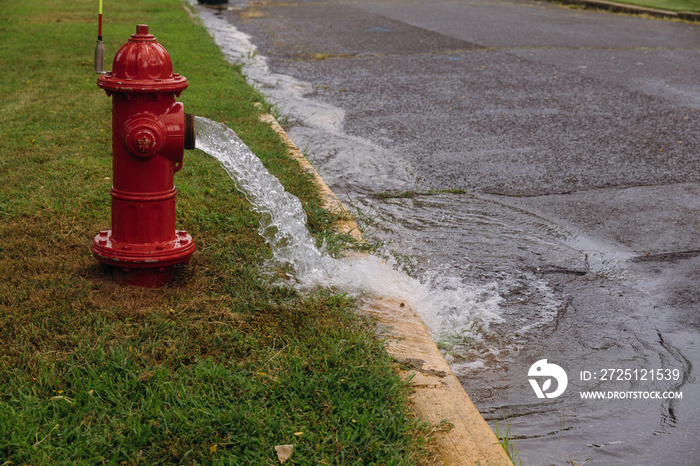 Open fire hydrant water flowing from open fire hydrant on street and sidewalk