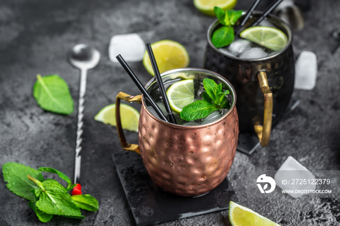 Cold Moscow Mules cocktail with ginger beer, vodka, lime