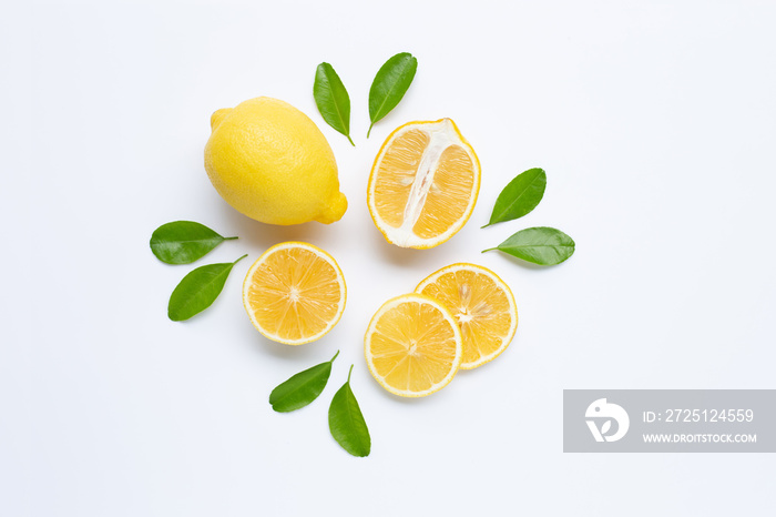 lemon and slices with leaves isolated on white.