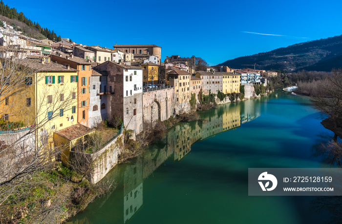 Fossombrone (Italy), a town with river bridge in Marche region