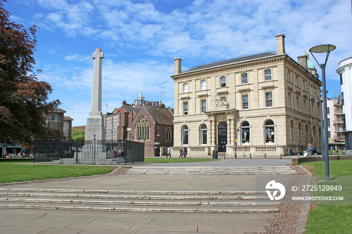 Exeter Cathedral close  and old city bank building