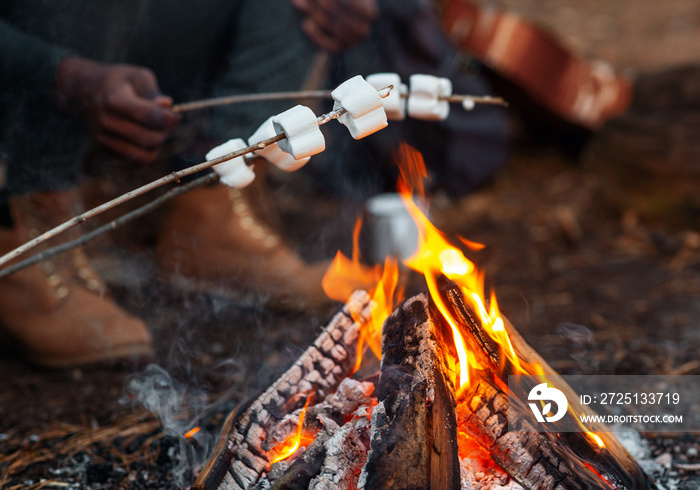人们在篝火旁用棍子炸棉花糖，切好的