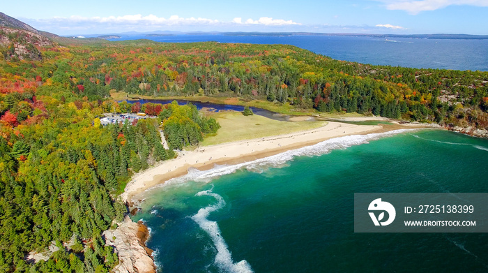 Beautiful fall colors of Acadia, Maine. Aerial view from helicop