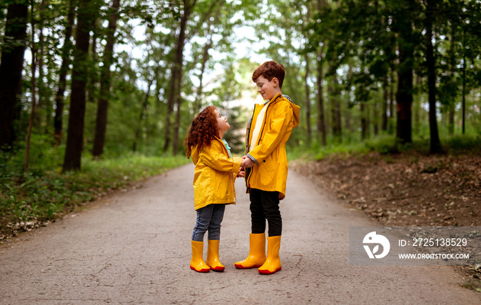 Cute redhead siblings in raincoats standing in green park