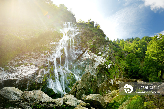 Majestic water cascade of Powerscourt Waterfall, the highest waterfall in Ireland. Tourist atraction