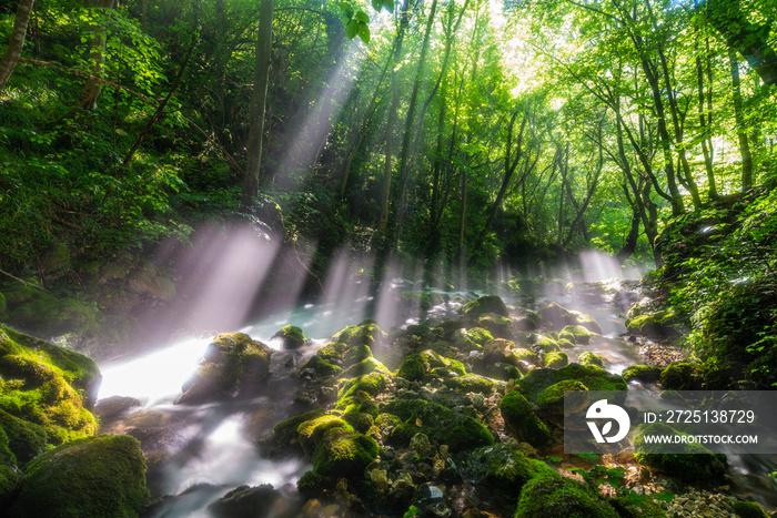 Morning sun flare light at Bigar Waterfall,Caras-Severin,Romania