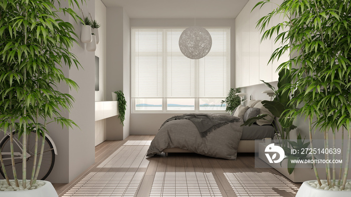 禅意室内，盆栽竹，自然的室内设计理念，现代全景卧室智慧