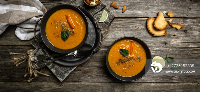 A bowl of homemade fresh spicy organic creamy pumpkin soup with baked carrots, peppers and cheese, l