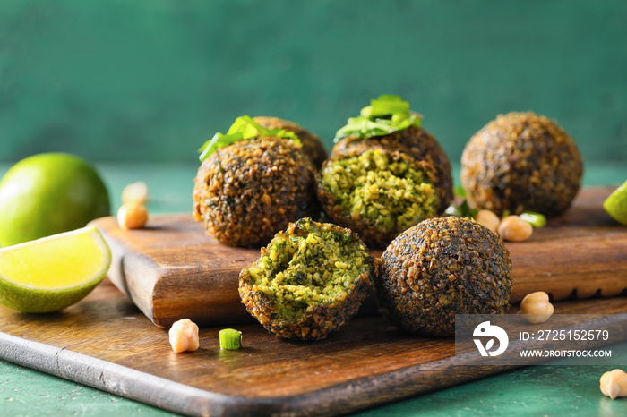 Board with tasty falafel balls and lime on color background