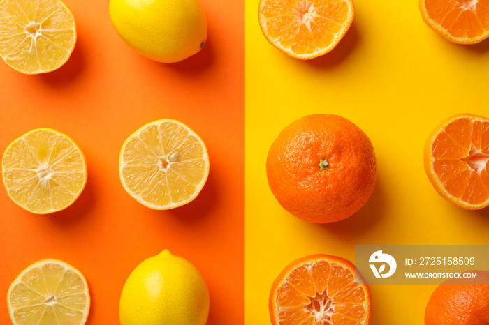 双色调背景下的多汁柑橘和柠檬，俯视图