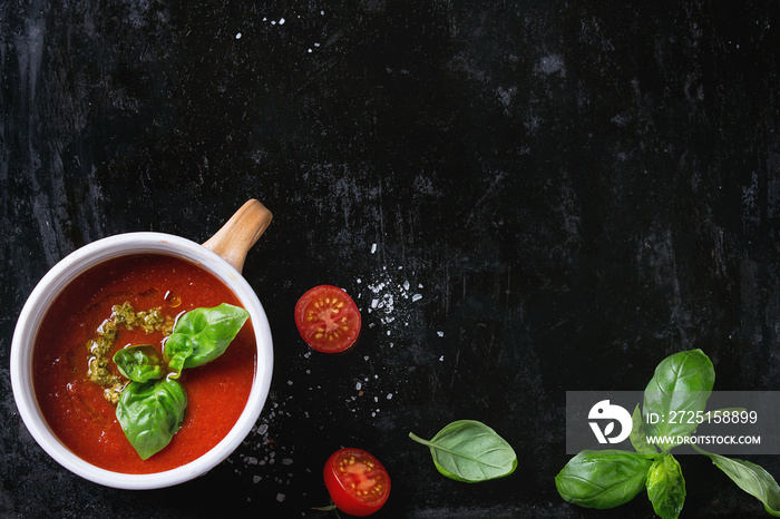 Tomato gazpacho soup with pesto