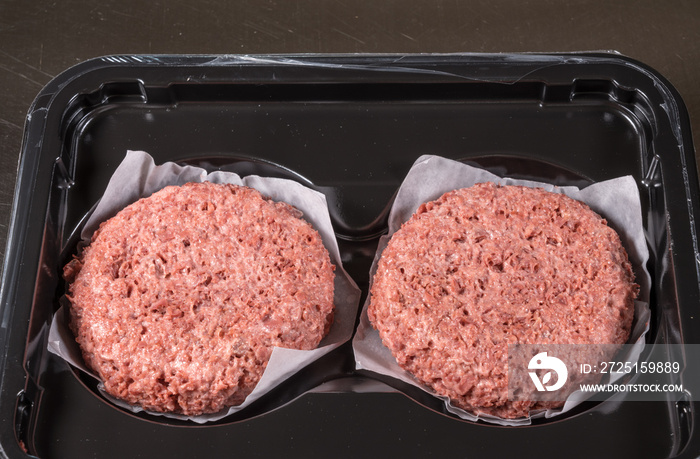 Close shot of the meat like plant-based patties for vegetarian beef burgers