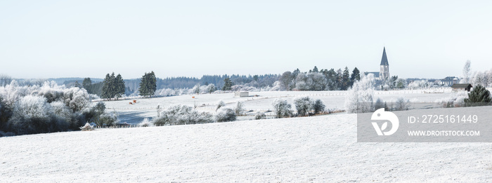 贝尔吉州阿登乡村小镇的田野和教堂的冬季雪景