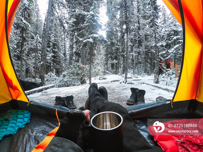 旅行者在国家公园松林里带着手拿杯子在雪地里的帐篷里露营